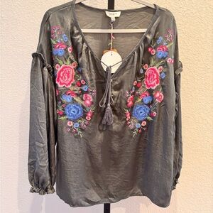 NWT Umgee Charcoal Blouse with Colorful Floral Embroidery